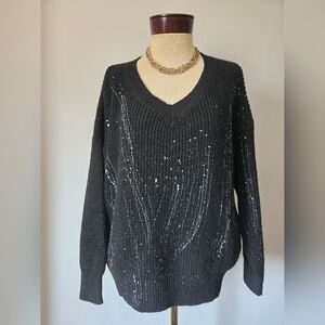 VITA VITALE ITALY Black V-Neck Wool Blend Knit Sweater With White Paint Splatter